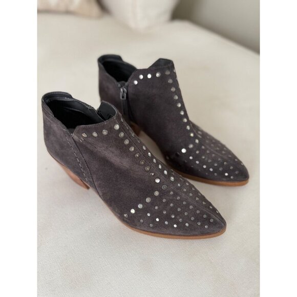 1. State Loka Studded Suede Ankle Bootie Wood Block Heel Almond Toe Size 8M Gray - Picture 8 of 15